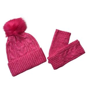 Cable Knit Pom Pom Beanie and Gloves Set